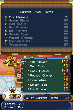 Bottom screen: Bros. Items grouped by appearance
